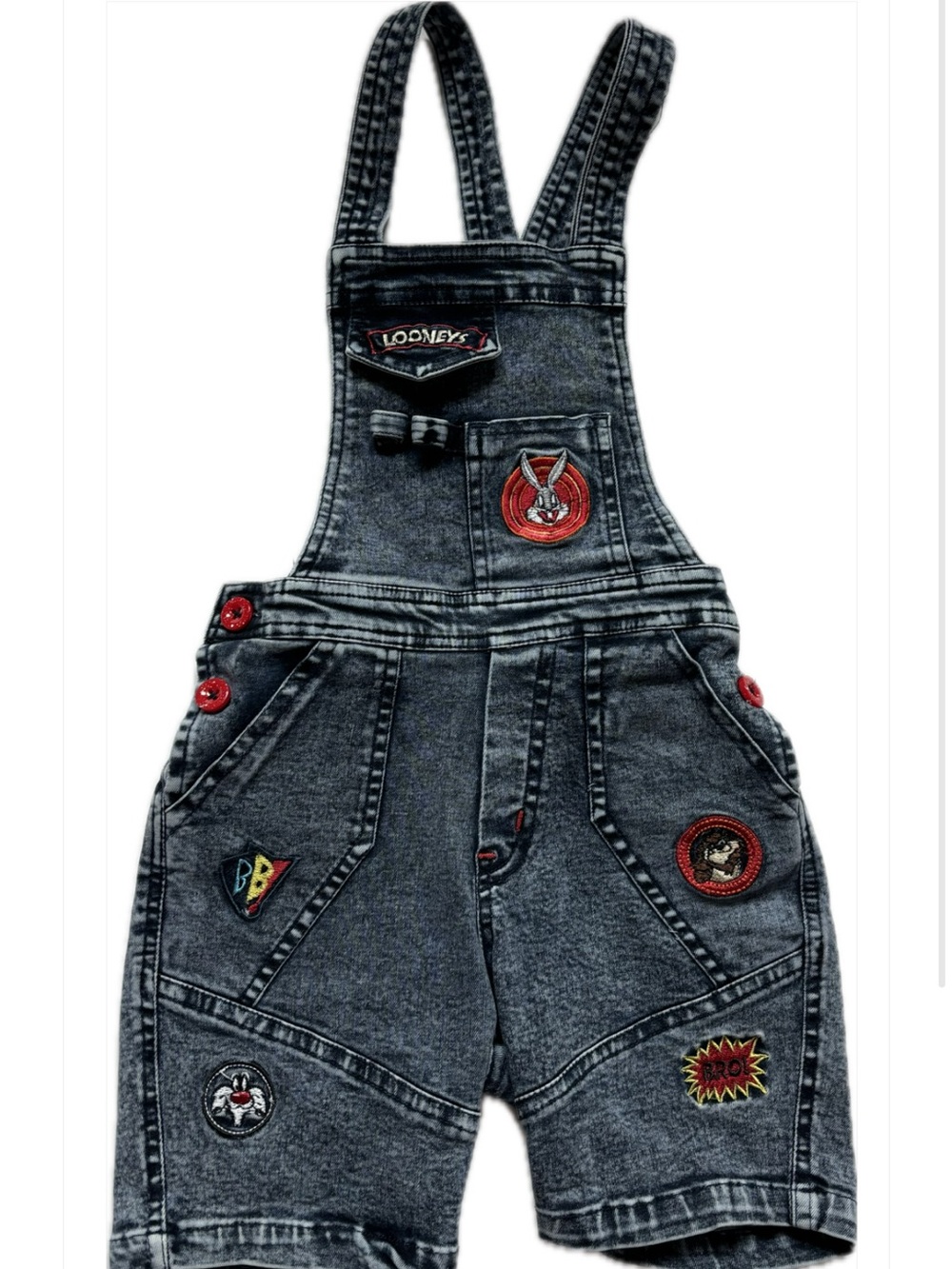 Vintage Looney Tunes Grey Denim Kids Overalls with Character Patches